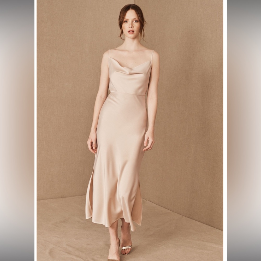 BHLDN Cali / Kari Satin Cowl-Neck Midi Slip Dress, Oyster / Champagne